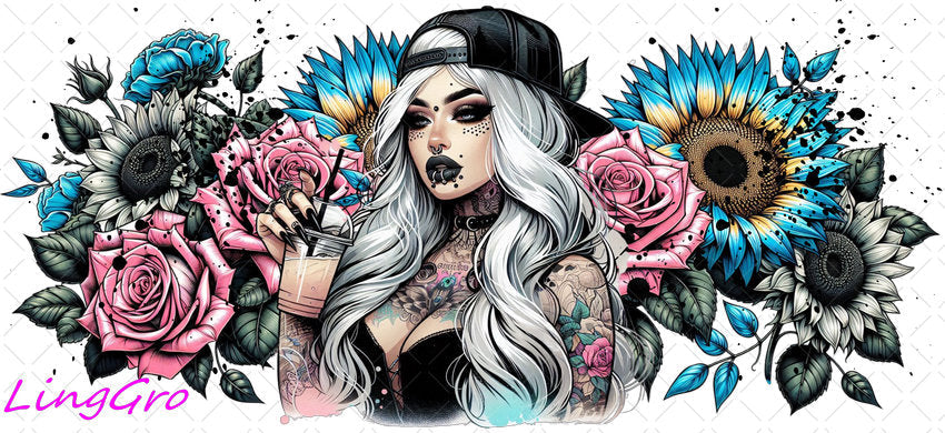 Badass Tattoo Girl 16oz UV DTF TRANSFER Libbey Glass Can Cup Wrap-KA-460