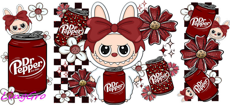 Labubu Dr Pepper style UV DTF cup wrap for Libbey glass, soda theme tumbler decal