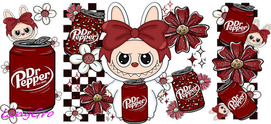 Labubu Dr Pepper style UV DTF cup wrap for Libbey glass, soda theme tumbler decal