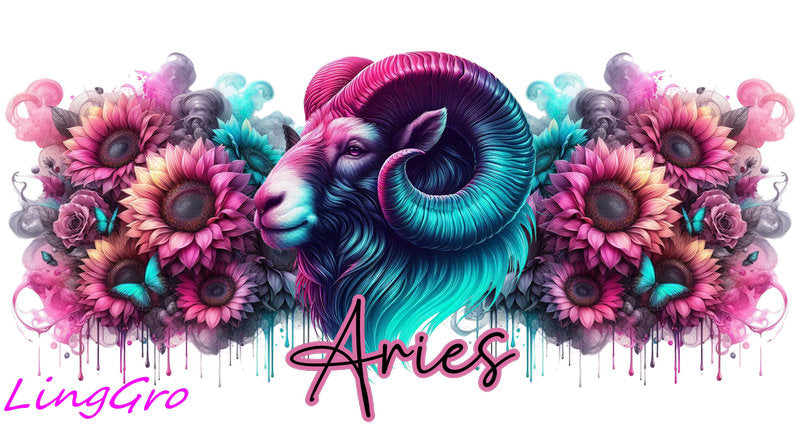 Zodiac floral UV DTF cup wrap design featuring all astrology signs in pink and teal style for 16oz glass cups