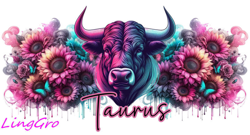 Zodiac floral UV DTF cup wrap design featuring all astrology signs in pink and teal style for 17oz glass cups