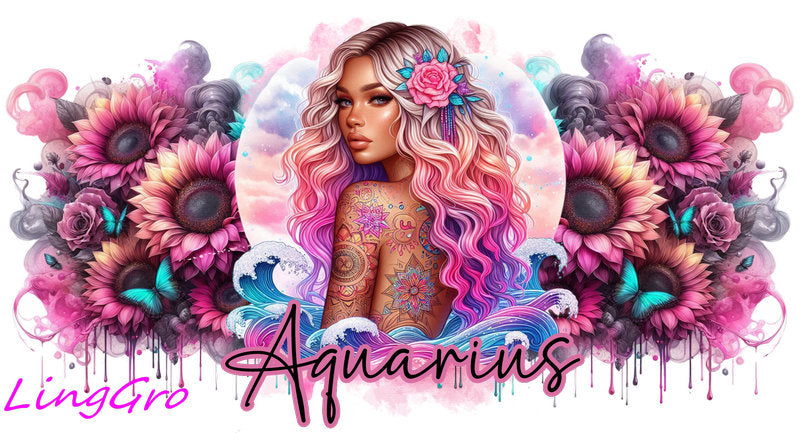 Zodiac floral UV DTF cup wrap design featuring all astrology signs in pink and teal style for 26oz glass cups