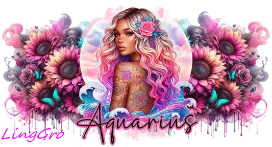 Zodiac floral UV DTF cup wrap design featuring all astrology signs in pink and teal style for 26oz glass cups
