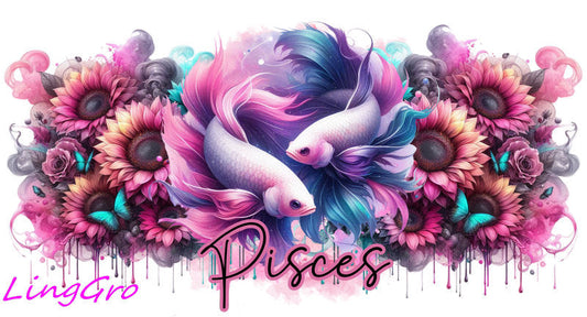 Zodiac floral UV DTF cup wrap design featuring all astrology signs in pink and teal style for 27oz glass cups